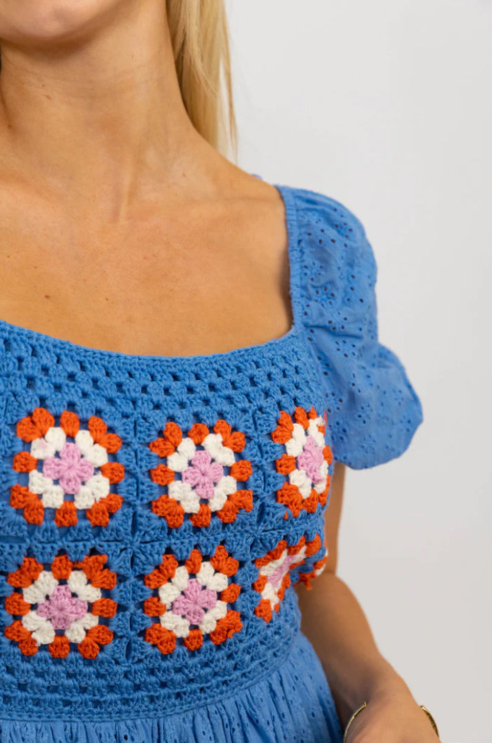 Crochet Trimmed Puff Sleeve Dress